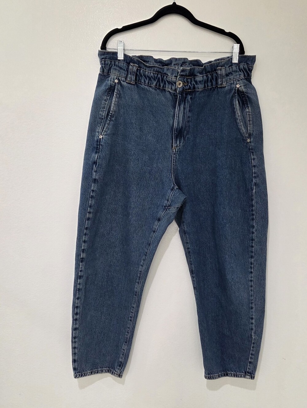 Zara Paperbag High Waisted Blue Medium Wash Barrel Jeans - Picture 3 of 7